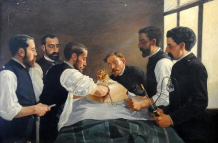 El Dr. Miquel A. Fargas i el seu equip quirúrgic executen una laparotomia de quist d’ovari a la clínica del mestre del carrer de l’Hospital número 1. Pintura signada per J. Sala, 1885.